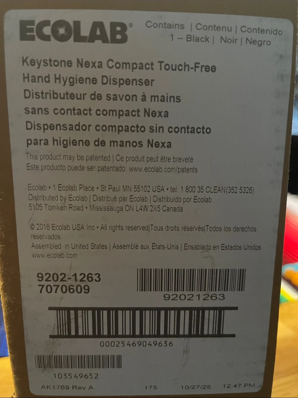 Ecolab Keystone Nexa Compact Touch-Free Hand Hygiene Dispenser - Black